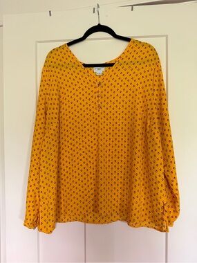 Liz Claiborne Mustard Yellow Printed Long-Sleeve Blouse